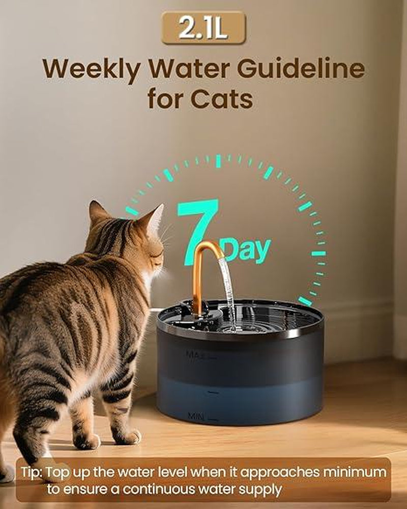 Cat Water Fountain, 71Oz/2.1L Cat Fountain for Drinking with Copper Faucet, Pump & Filter, Plastic Automatic Pet Water Fountain Bowl & Dispenser with 3-Pack Replaceable Filters