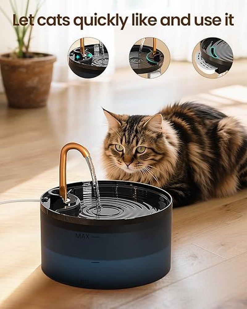 Cat Water Fountain, 71Oz/2.1L Cat Fountain for Drinking with Copper Faucet, Pump & Filter, Plastic Automatic Pet Water Fountain Bowl & Dispenser with 3-Pack Replaceable Filters
