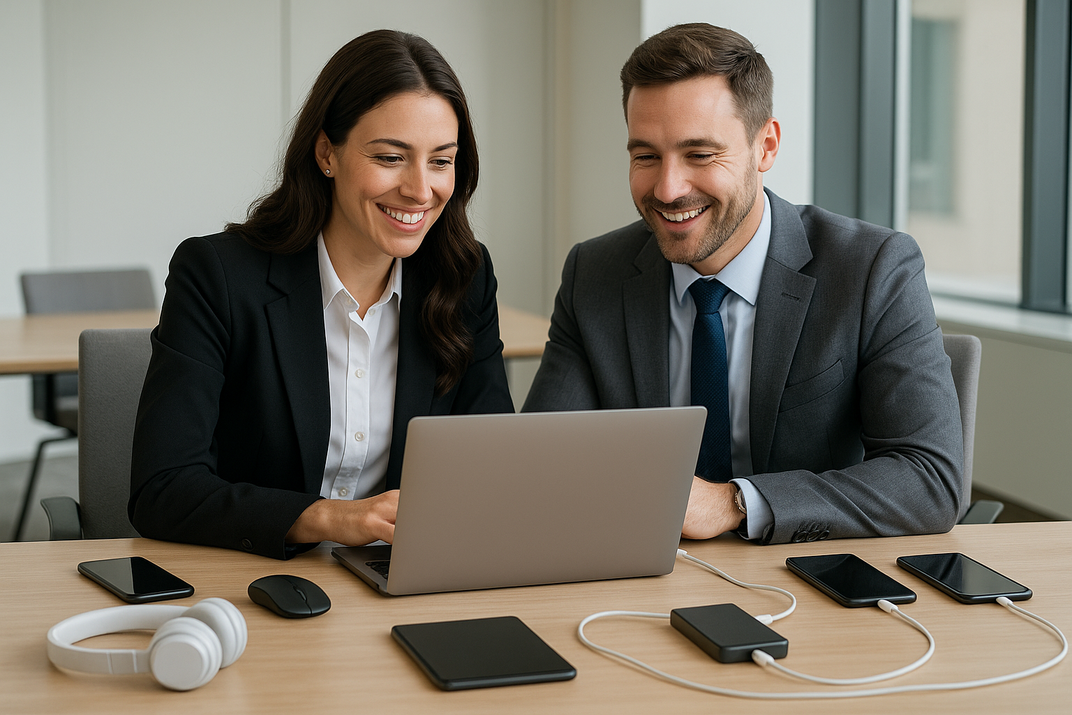 a business woman and man in a meeting on a laptop with technology accessories surrounding smiling 